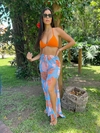 Calça de tule, flores laranjas com fundo azul claro REF 33022