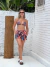 Short + biquíni com elástico, fundo azul marinho com laranja