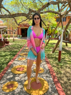 Saída curta de tule, camisão sem botão, degradê rosa e azul REF 32698