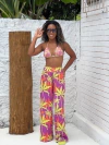 Calça + Conj. biquíni cortininha com calcinha levanta bumbum, lilás com folhas verdes