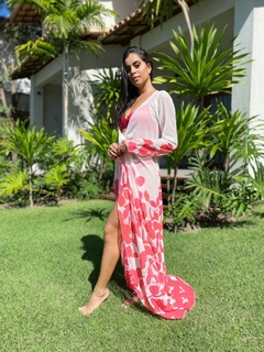 Saída de praia de tule, manga longa, folhas rosas REF 13680