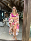 Saída de praia de tule, manga flare, coqueiros e pássaros com fundo laranja claro REF 32858