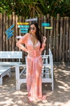 Saída de praia de tule, manga longa, fundo laranja com coqueiros REF 10252