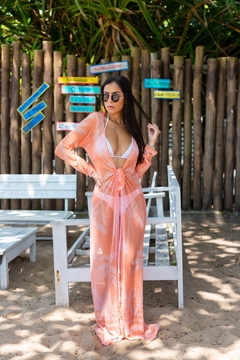Saída de praia de tule, manga longa, fundo laranja com coqueiros REF 10252