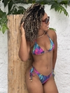 Conjunto Biquíni de amarrar fundo azul marinho folhas azuis e rosa REF 46077