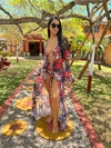 Saída de praia de tule, manga babado, tucanos com fundo preto REF 32797