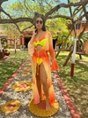 Saída de praia de tule, manga babado, degradê laranja com amarelo REF 32520