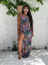 Vestido malha nó ombro só, onças coloridas e fundo preto REF 48071