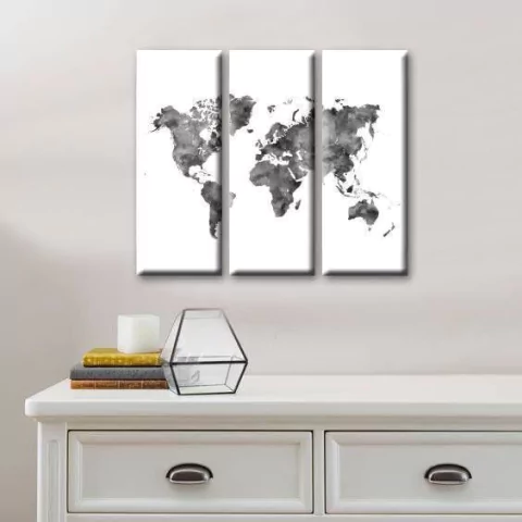 Cuadro Triptico Mapamundi en Blanco y negro