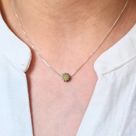 Colar Pedra Hematita Dourada Flor Estampada Passante - Prata 925