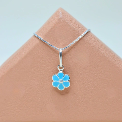 Colar Infantil Flor Resina Azul - Prata 925