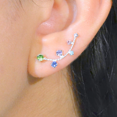 Brinco Ear Cuff Ponto de Luz Colorido Intercalado Fio Torcido - Prata 925