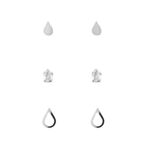 Brinco Trio Gota Vazada, Gota Chapada & Ponto de Luz Gota - Prata 925