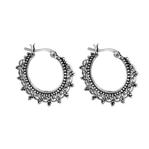 Brinco Argola Trava Rendada Pontinhos Envelhecida - 24 mm X 1 mm X 28 mm