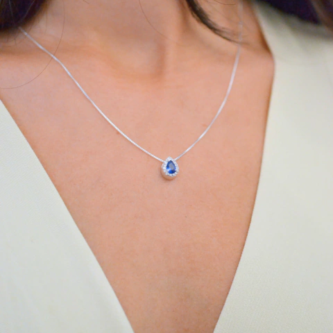 Colar Ponto de Luz Azul Gota Borda Cravejada - Prata 925