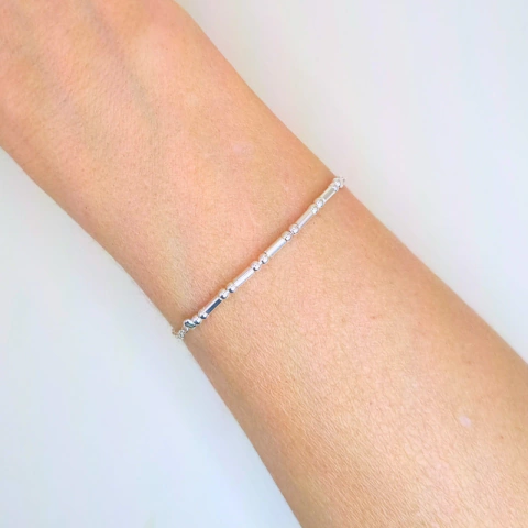 Pulseira Bolinhas e Tubinhos Alternados Corrente Elos - Prata 925