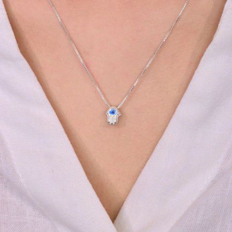 Colar Hamsa Liso e Azul - Prata 925