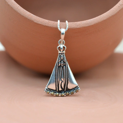 Colar Nossa Senhora Manto Pedra Marcassita - Prata 925