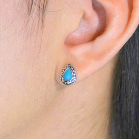 Brinco Gota Azul Borda Detalhes Envelhecida - Prata 925