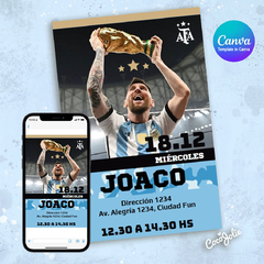 Invitación digital Argentina Campeón del Mundo editable en CANVAS