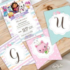 Kit imprimible editable "La Casa de Muñecas de Gabby" — Invitación y banderines digitales para decorar cumpleaños infantiles. Diseño en tonos pastel, con personajes adorables de la serie. Editable en computadora con Adobe Acrobat Reader. ¡Ideal para ambie