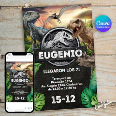 Invitación digital Jurassic World editable en CANVAS