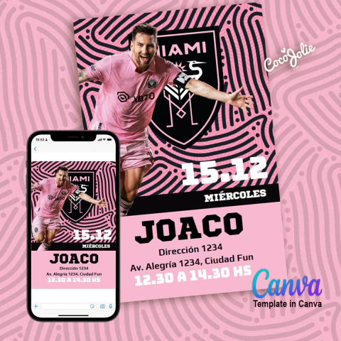 Invitación digital Inter Miami editable en CANVAS