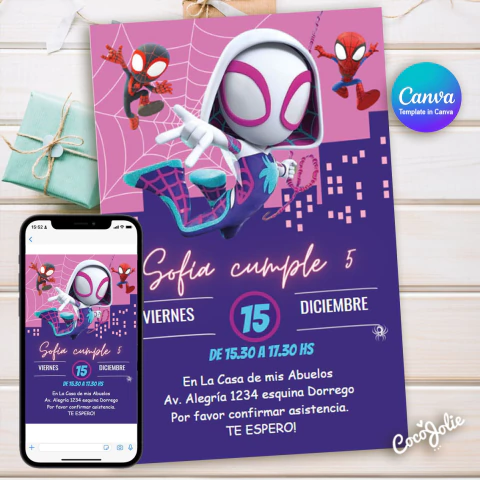 Invitación digital Ghost Gwen Spider editable en CANVAS