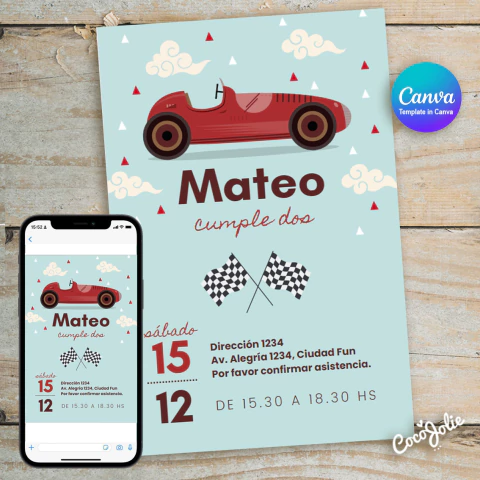 Invitación digital imprimible Autito Vintage editable en CANVAS