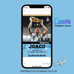 Invitación digital Argentina Campeón del Mundo editable en CANVAS en internet
