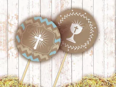 Kit Comunión /Bautismo Rústico Celeste y marrón Chevron Editable - comprar online