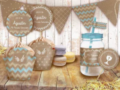 Kit Comunión /Bautismo Rústico Celeste y marrón Chevron Editable - comprar online
