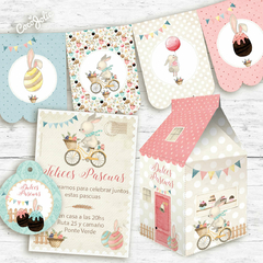 Kit Imprimible Pascua Acuarela Conejito en Bicicleta. Editable en ADobe pdf reader en computadora