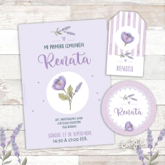 Kit imprimible flores lilas y violetas – Invitación editable y decoración digital para cumpleaños, comunión o bautismo. Diseño floral suave, ideal para celebraciones delicadas y elegantes. Editable en PDF desde computadora.