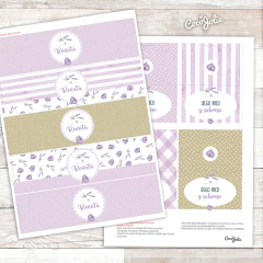Kit imprimible flores lilas y violetas – Invitación editable y decoración digital para cumpleaños, comunión o bautismo. Diseño floral suave, ideal para celebraciones delicadas y elegantes. Editable en PDF desde computadora.