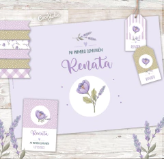 Kit imprimible flores lilas y violetas – Invitación editable y decoración digital para cumpleaños, comunión o bautismo. Diseño floral suave, ideal para celebraciones delicadas y elegantes. Editable en PDF desde computadora.