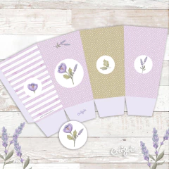 Kit imprimible flores lilas y violetas – Invitación editable y decoración digital para cumpleaños, comunión o bautismo. Diseño floral suave, ideal para celebraciones delicadas y elegantes. Editable en PDF desde computadora.