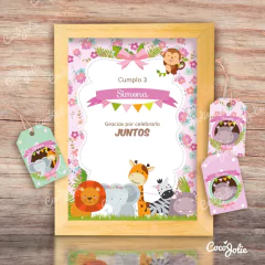 Kit imprimible Animalitos de la Selva Nena. Personalizable en internet