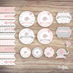 Kit Elefantito Rosa y Gris. Imprimible Personalizable - buy online