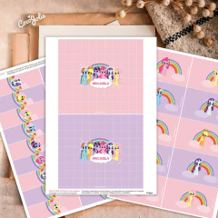 Kit imprimible digital personalizado de My Little Pony para cumpleaños. Incluye invitación, banderines, etiquetas y decoración editable con personajes como Pinkie Pie, Rainbow Dash y Twilight Sparkle. Fondo rosa con arcoíris.