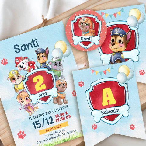 Kit digital de cumpleaños Paw Patrol acuarela, editable en PDF
