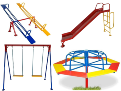 Combo de brinquedos de ferro incluindo gangorra, escorregador, balanço e gira-gira.