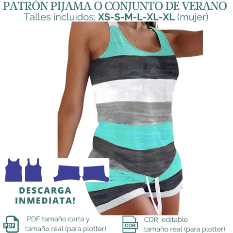 Molde de conjunto de verano o pijama de dos piezas en 5 talles (XS a XL). - comprar online