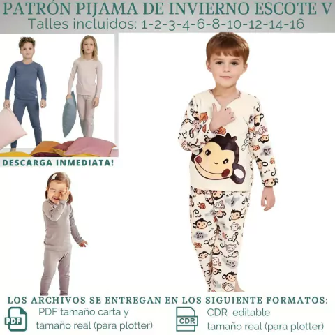 Molde PIJAMA DE INVIERNO ESCOTE EN V talles 1 a 16 años