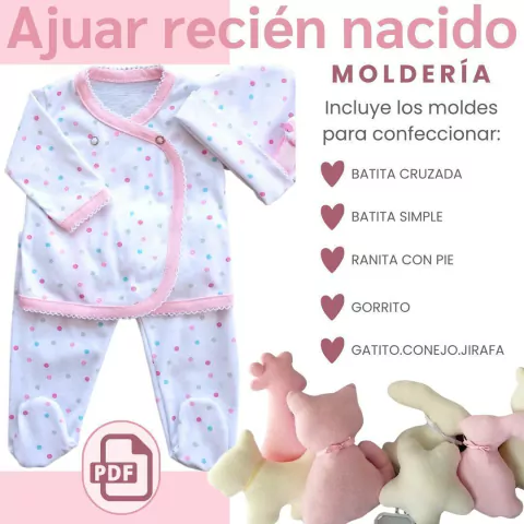 MOLDE DE AJUAR PARA RECIÉN NACIDOS. 2 MODELOS DE BATITA, RANITA, GORRITO Y 3 MUÑECOS