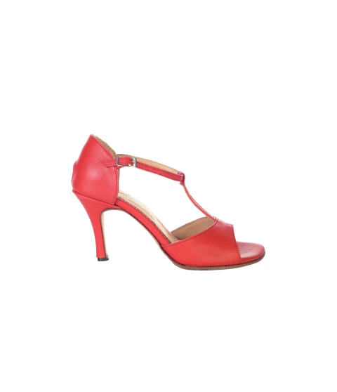 Amelia Rojo Coral y Cuero Verde (Taco 7,5cms)