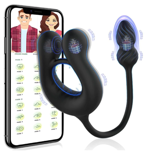 Massageador de Próstata por Aplicativo com Anel de Testiculos com 3 Motores e 10 Modos de Vibração