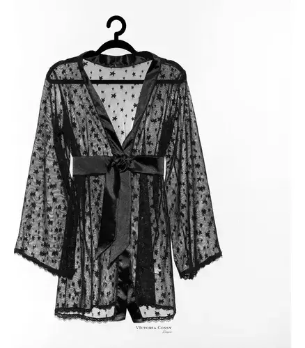 Bata Alya de encaje con estrellitas y satén, negro " VICTORIA COSSY" ART-1006