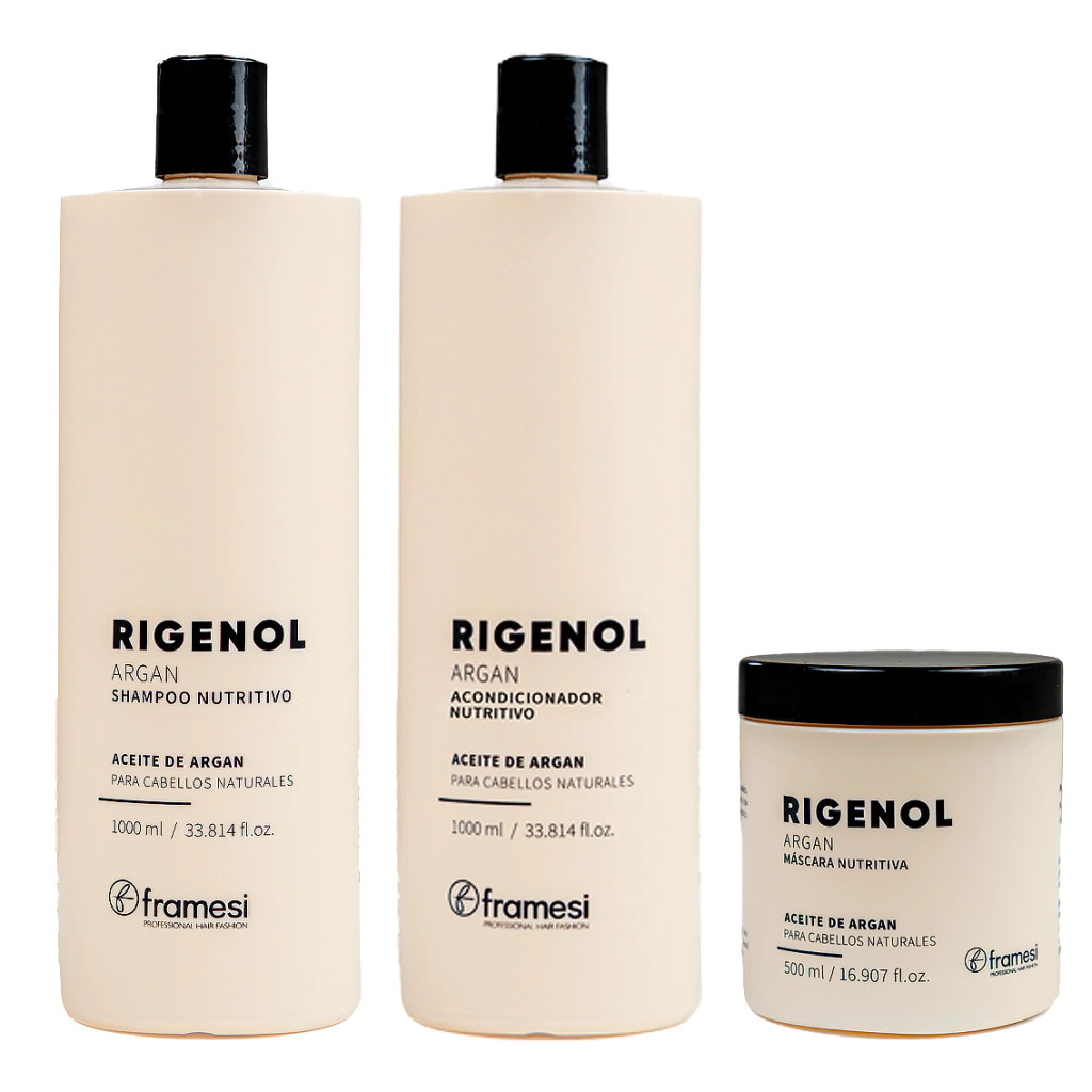 Combo Rigenol Nutritivo con Acecite de Argán Shampoo x1000ml + Acondicionador x1000ml + Máscara x500ml