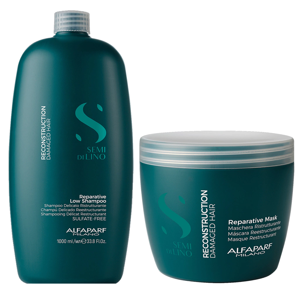 Combo Alfaparf semi di lino Reconstrucción shampoo x1000ml + mascara x500ml